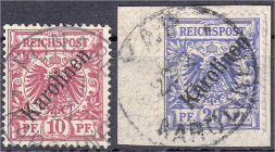 Deutschland
Deutsche Auslandspostämter und Kolonien
Karolinen
10 Pf. + 20 Pf. Freimarken 1899/1900, zwei gestempelte Werte mit Aufdruk 48°, geprüft...