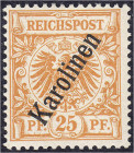 Deutschland
Deutsche Auslandspostämter und Kolonien
Karolinen
25 Pf. Freimarke 1900, postfrische Erhaltung, steiler Aufdruck (56°), geprüft Bothe B...