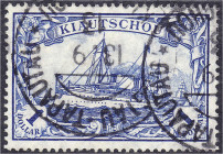 Deutschland
Deutsche Auslandspostämter und Kolonien
Kiautschou
1 Dollar schwärzlichblau 1906, Plattenfehler I, tadelloses Exemplar mit klarem Stemp...