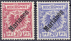 Deutschland
Deutsche Auslandspostämter und Kolonien
Marianen
10 Pf. + 20 Pf. Freimarken 1899/1900, schwarzer, diagonaler Aufdruck 48°, sauber in un...