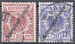 Deutschland
Deutsche Auslandspostämter und Kolonien
Marshall-Inseln
10 Pf. und 20 Pf. Freimarken (Krone/Adler) 1897/1900, zwei sauber gestempelte W...