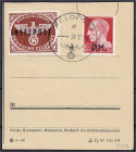 Deutschland
Feldpostmarken
Insel Rhodos Zulassungsmarke 1944, sauber gestempelt auf Briefstück, geprüft Hoffmann/Gieseke BPP. Mi. 400,-€. gestempelt...