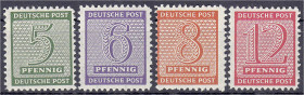 Deutschland
Alliierte Besetzung (Sowjetische Zone)
West-Sachsen
5 Pf. - 12 Pf. Ziffern (Mügeln) 1945, kompletter Satz in postfrischer Erhaltung, ge...