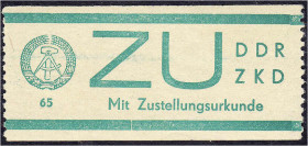 Deutschland
Deutsche Demokratische Republik
65 Pf. Dienstmarke für Sendungen mit Zustellungsurkunde 1965, postfrische Luxuserhaltung, tiefst geprüft...