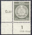 Deutschland
Deutsche Demokratische Republik
20 Pf. Dienstmarken für Verwaltungspost B 1954, postfrische Erhaltung mit Wasserzeichen XI aus der linke...
