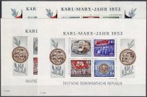 Deutschland
Deutsche Demokratische Republik
Karl-Marx-Blöcke 1953, vier postfrische Blöcke. Mi. 400,-€. ** Michel Block 8-9 A+B.