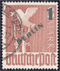 Deutschland
Berlin
1 DM Grünaufdruck 1949, gestempelt mit Plattenfehler ,,II" (Strich am Bildrand über Kopf der Taube). Fotobefund Schlegel BPP >Die...