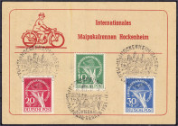 Deutschland
Berlin
Währungsgeschädigte 1949, kompletter Satz auf Karte ,,Internationales Maipokalrennen Hockenheim", die Karte war senkr. außerhalb ...