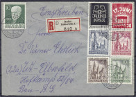 Deutschland
Berlin
Gedächtniskirche und Volksaufstand 1953, sauber auf R-Brief, entwertet mit dem Stempel „BERLIN 24.8.53 LICHTERFELDE 1“, geprüft S...
