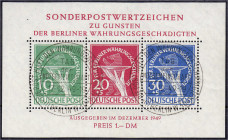 Deutschland
Berlin
Währungsgeschädigten-Block 1949, gestempelt mit Plattenfehler ,,II". Fotoattest Lippschütz BPP >einwandfrei