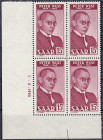 Deutschland
Saarland
10. Todestag von Peter Wust 1950, postfrischer Viererblock aus der linken unteren Bogenecke inkl. Plattenfehler ,,I" und Druckd...