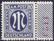 Deutschland
Alliierte Besetzung (Amerikanische u. Brit. Zone)
80 Pf. AM-Post 1945, postfrische Erhaltung, Randstück mit roter Bogenzählernummer. Mi....
