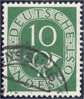 Deutschland
Bundesrepublik Deutschland
10 Pf. Posthorn 1951, sauber gestempelt mit Plattenfehler ,,I" (oberer Bogen des ,,S" in ,,DEUTSCHE" abgeschl...