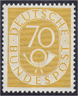 Deutschland
Bundesrepublik Deutschland
70 Pf. Posthorn 1951, postfrische Kabinetterhaltung, unsigniert. Mi. 500,-€. ** Michel 136.