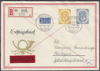 Deutschland
Bundesrepublik Deutschland
50 Pf. + 70 Pf. Posthorn 1952, sauber auf illustriertem R-Eilboten-FDC LORCH 11.3.52 mit rs. Ank.-Stempel, üb...