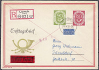 Deutschland
Bundesrepublik Deutschland
80 Pf. + 90 Pf. Posthorn 1952, sauber auf illustriertem R-Eilboten-FDC LORCH 16.4.52 mit rs. Ank.-Stempel, üb...