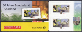 Deutschland
Bundesrepublik Deutschland
50 Jahre Bundesland Saarland 2007, vollständiges Markenheftchen in postfrischer Erhaltung, beide rechten Mark...