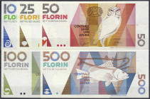 Ausland
Aruba
Serie zu 10, 25, 50, 100 und 500 Florin 16.7.1993. Tiere. alle I, selten. Pick 11-14.