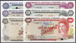 Ausland
Bermuda
SPECIMEN-Serie zu 1, 5, 10, 20, 50 und 100 Dollars 1978/1984. 1 u. 20 $ 1984, 5, 10 und 50 $ 1978, 100 $ 1982. Jew. mit rotem Aufdru...