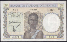 Ausland
Französ. Westafrika
25 Francs 17.8.1943. I-, selten. Pick 38.
