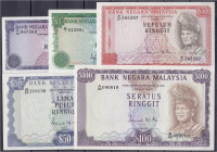 Ausland
Malaysia
5 Scheine mit Latent-Image links unten zu 1, 5, 10, 50 und 100 Ringgit 1976. Alle Sign. Ismail Md. Ali. alle I. Pick 13-17.