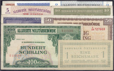 Ausland
Österreich
Alliierte Militärbehörde, 8 Scheine zu 50 Groschen, 1, 2, 5, 10, 20, 50 u. 100 Schilling Serie 1944. Dazu 1 Reichsmark Russische ...