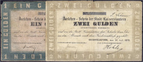 Altdeutschland
Kaiserslautern (Pfalz)
1 u. 2 Gulden 31.7.1870. Mit PrStpl. „Kammgarnspinnerei / Kaiserslautern / Rheinpfalz.“ IV. Grabowski/Kranz 75...