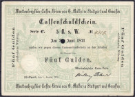 Altdeutschland
Württemberg
Cassenschuldschein zu 5 Gulden 1.8.1870. Cassen-Verein von G. Müller und Genossen. Einzulösen bis 30.6.1871. Format 136 X...