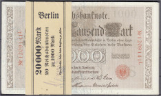 Die deutschen Banknoten ab 1871 nach Rosenberg
Deutsches Reich, 1871-1945
20 X 1 Tsd. Mark (brauner Tausender) 21.4.1910. Unzirkulierte Scheine in o...