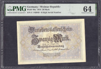 Die deutschen Banknoten ab 1871 nach Rosenberg
Deutsches Reich, 1871-1945
20 Mark 5.8.1914. KN 6-stellig, Serie U. PMG-Grading 64 Choice Uncirculate...