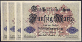 Die deutschen Banknoten ab 1871 nach Rosenberg
Deutsches Reich, 1871-1945
4 X 50 Mark 5.8.1914. 2 Paare mit fortlaufender KN. Serie A und L. I. Rose...