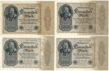 Die deutschen Banknoten ab 1871 nach Rosenberg
Deutsches Reich, 1871-1945
4 X 1000 Mark 15.12.1922. Firmendruck, 3 X ohne Bogen-Wz. KN. 6-stellig un...