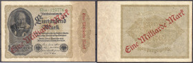 Die deutschen Banknoten ab 1871 nach Rosenberg
Deutsches Reich, 1871-1945
1 Mrd. Mark Überdruck (Fehldruck) 15.12.1922. Unterdruck der Rs. auf dem K...