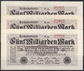 Die deutschen Banknoten ab 1871 nach Rosenberg
Deutsches Reich, 1871-1945
3 X 5 Mrd. Mark 20.10.1923. KN. 5-stellig und fortlaufend. FZ schwarz M. I...