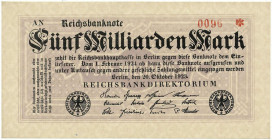 Die deutschen Banknoten ab 1871 nach Rosenberg
Deutsches Reich, 1871-1945
5 Mrd. Mark 20.10.1923. Wz. Kreuzblüten, KN. 4-stellig (0096), FZ: AN schw...