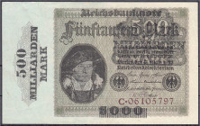 Die deutschen Banknoten ab 1871 nach Rosenberg
Deutsches Reich, 1871-1945
500 Mrd. Mark Überdruck (10.1923-5.7.1925), auf dem nicht ausgegebenen 500...