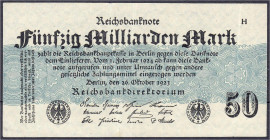 Die deutschen Banknoten ab 1871 nach Rosenberg
Deutsches Reich, 1871-1945
50 Mrd. Mark 26.10.1923. Papier weiß, Udr. graublau, ohne FZ. III, sehr se...