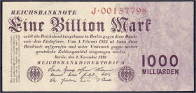 Die deutschen Banknoten ab 1871 nach Rosenberg
Deutsches Reich, 1871-1945
1 Bio. Mark 1.11.1923. KN 8-stellig, Serie J. II-III, Nadelstiche. Rosenbe...