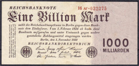 Die deutschen Banknoten ab 1871 nach Rosenberg
Deutsches Reich, 1871-1945
1 Bio. Mark 1.11.1923. KN 6-stellig, Serie AF. II-, leicht stockfleckig. R...