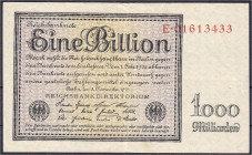 Die deutschen Banknoten ab 1871 nach Rosenberg
Deutsches Reich, 1871-1945
1 Bio. Mark 5.11.1923. KN 8-stellig, Serie E. III+ Rosenberg 131a. Grabows...