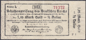 Die deutschen Banknoten ab 1871 nach Rosenberg
Deutsches Reich, 1871-1945
Schatzanweisung, Fälschung zu 1,05 Mark Gold = 1/4 Dollar 26.10.1923. Rs. ...