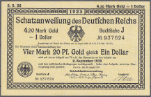 Die deutschen Banknoten ab 1871 nach Rosenberg
Deutsches Reich, 1871-1945
4,20 Gold Mark 25.8.1923. KN 6-stellig, Buchstabe J. Links unten ein Siege...