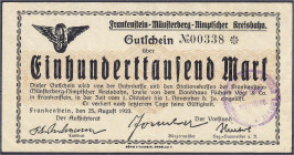 Deutsches Notgeld und KGL
Frankenstein (Schlesien)
Frankenstein-Münsterberg-Nimptscher Kreisbahn, 100 Tsd. Mark 25.8.1923. Wz. verschlungene Quadrat...