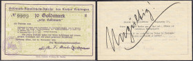 Deutsches Notgeld und KGL
Freiburg a. d. Elbe (Niedersachen)
Kreisbahnkommission, 10 GM. 23.11.1923. Serie R, Wz. Flämmchen. Rs. „Ungültig“. KN. 999...