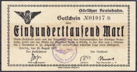 Deutsches Notgeld und KGL
Görlitz (Schlesien)
Kreisbahn, 100 Tsd. Mark 25.8.1923. Wz. verschlungene Quadrate. III-, winz. Einriß, sehr selten