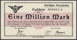 Deutsches Notgeld und KGL
Görlitz (Schlesien)
Kreisbahn, 1 Mio. Mark 25.8.1923. Muster ohne Stempel, Wz. verschlungene Quadrate. I-II, sehr selten