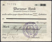 Deutsches Notgeld und KGL
Grimma (Sachsen)
12. (Sächs.) Reiter Regt. 1. Eskadron, 500 Tsd. Mark 22.8.1923. Scheck auf die Wurzener Bank, Zweigstelle...