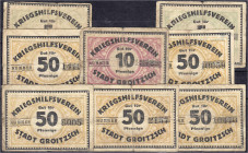 Deutsches Notgeld und KGL
Groitzsch (Sachsen)
Kriegshilfeverein 8 Scheine o.D. zu 2 X 5, 10 und 5 X 50 Pfg. III-IV, selten. Tieste 2485.