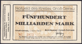Deutsches Notgeld und KGL
Groß-Gerau (Hessen)
Kreisamt, 500 Mrd. Mark 1.11.1923. Separatisten Ausgabe, ohne Wz. I- Keller 1945.