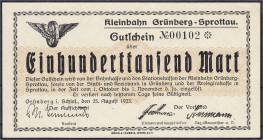 Deutsches Notgeld und KGL
Grünberg (Schlesien)
Kleinbahn Grünberg-Sprottau, 100 Tsd. Mark 25.8.1923. Muster ohne Stempel, Wz. verschlungene Quadrate...